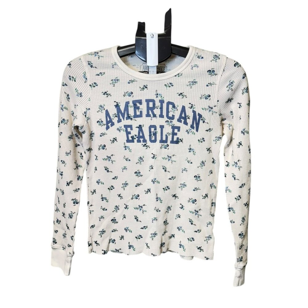 American Eagle Long Sleeve Thermal Shirt White W/ Blue Flowers Size S